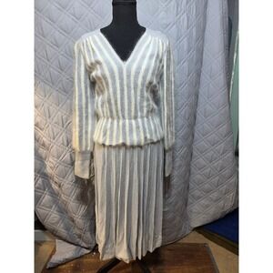 Vintage Ms Kipps New York Blue Metallic Knit 2 pc Skirt Set Striped Angora Blend